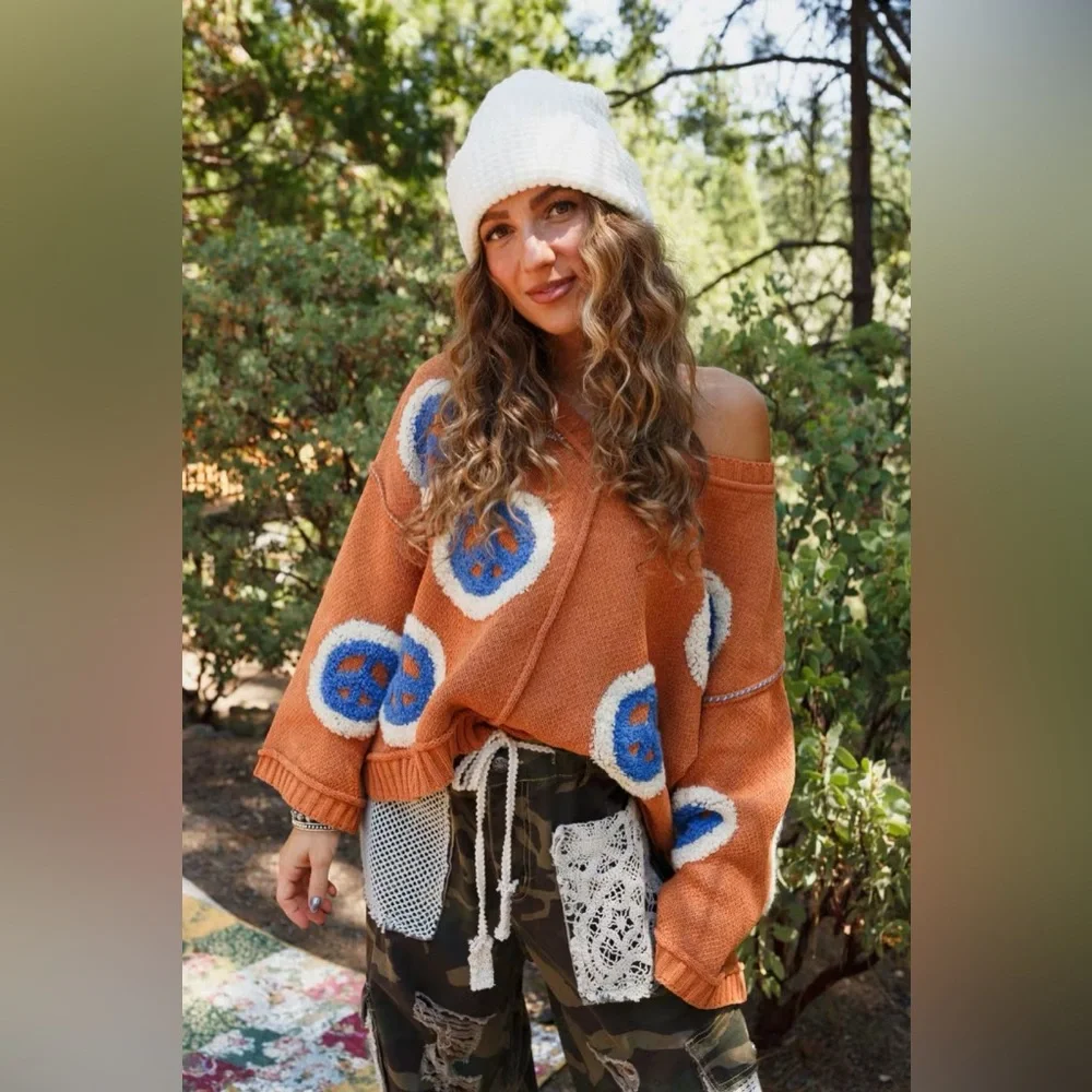 Three Bird Nest • Orange & Blue Chenille Peace Sign V Neck Sweater • Oversized - Picture 5 of 10